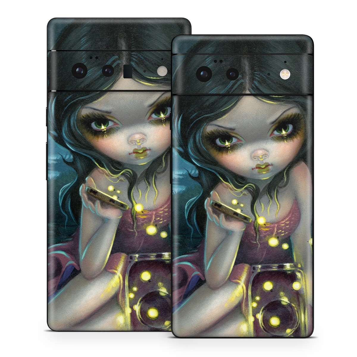 Google Pixel 6 Series Skin design of Cg artwork, Illustration, Fictional character, Art, Iris, Black hair, Fawn, Mythology, Fiction, with blue, green, pink, yellow, black, white colors
