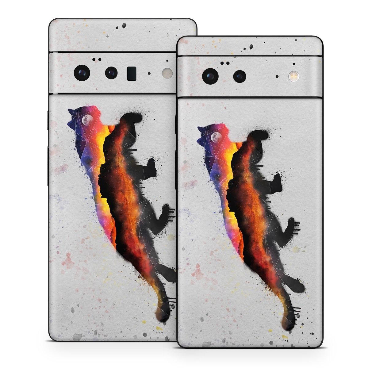 Google Pixel 6 Series Skin design of Illustration, Watercolor paint, Art, Tail, Painting, Drawing, Acrylic paint, Geological phenomenon, Red fox, Paint, with gray, black, red, yellow, orange, white colors