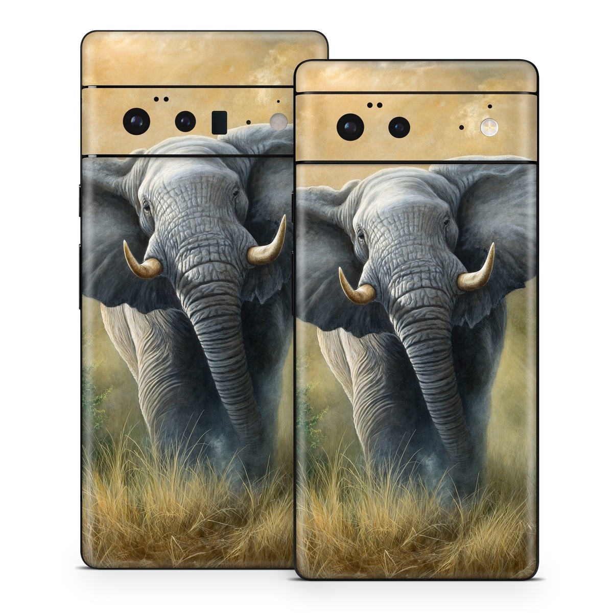 Google Pixel 6 Series Skin design of Terrestrial animal, Elephants and Mammoths, Vertebrate, Wildlife, Mammal, African elephant, Indian elephant, Grassland, Working animal, Tusk, with gray, white, green, brown, yellow, orange colors