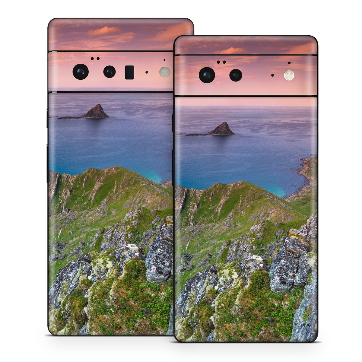Google Pixel 6 Series Skin design of Body of water, Nature, Sky, Coast, Sea, Headland, Natural landscape, Promontory, Coastal and oceanic landforms, Cliff, with red, orange, green, blue, yellow colors