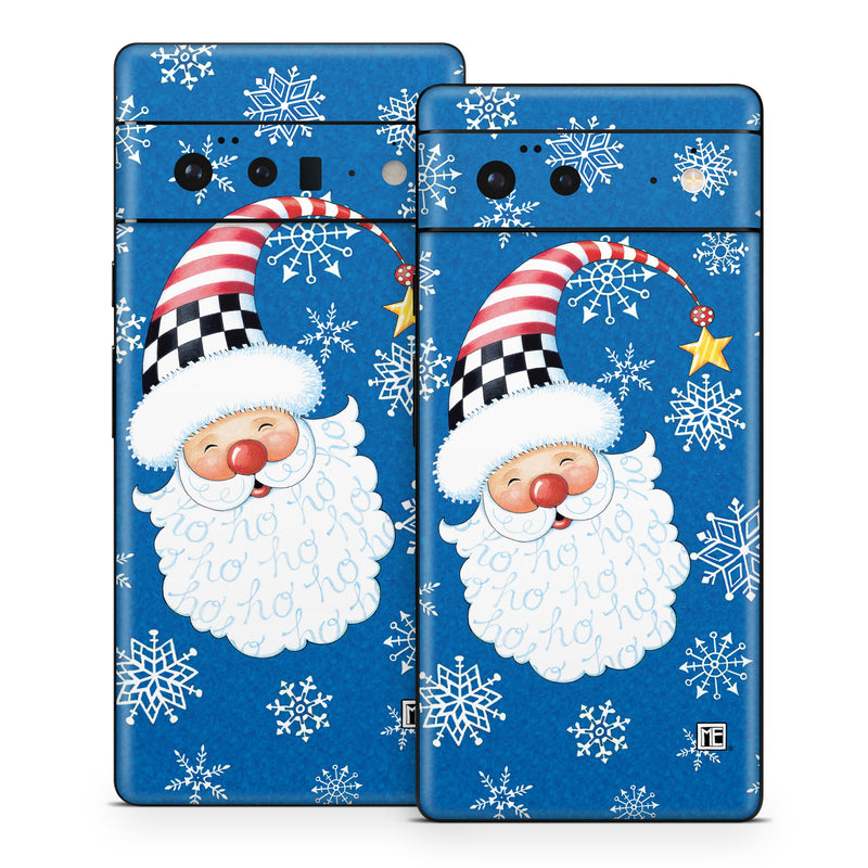 Google Pixel 6 Series Skin design of Plant, Celebrating, Rectangle, Font, Art, Happy, Ornament, Santa claus, Event, Christmas, with blue, white, black, red, yellow colors