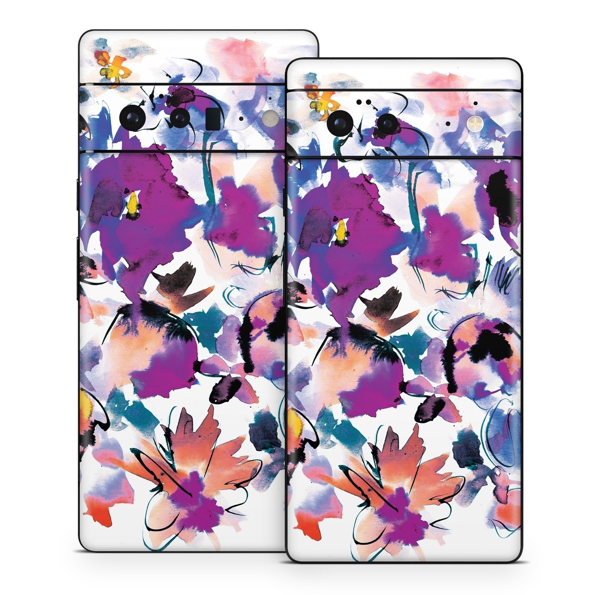 Google Pixel 6 Series Skin design of Product, Purple, Illustration, Graphic design, Plant, Clip art, Flower, Graphics, Wildflower, Watercolor paint, with white, purple, pink, yellow, blue, black colors