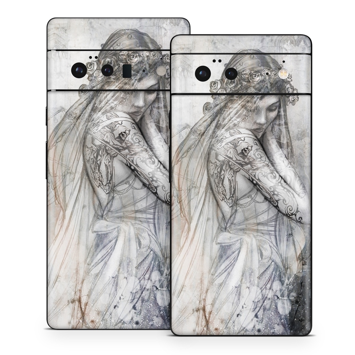 Google Pixel 6 Series Skin design of Lady, Art, Illustration, Drawing, Painting, Sketch, Mythology, Figure drawing, Long hair, Visual arts, with white, gray, black colors