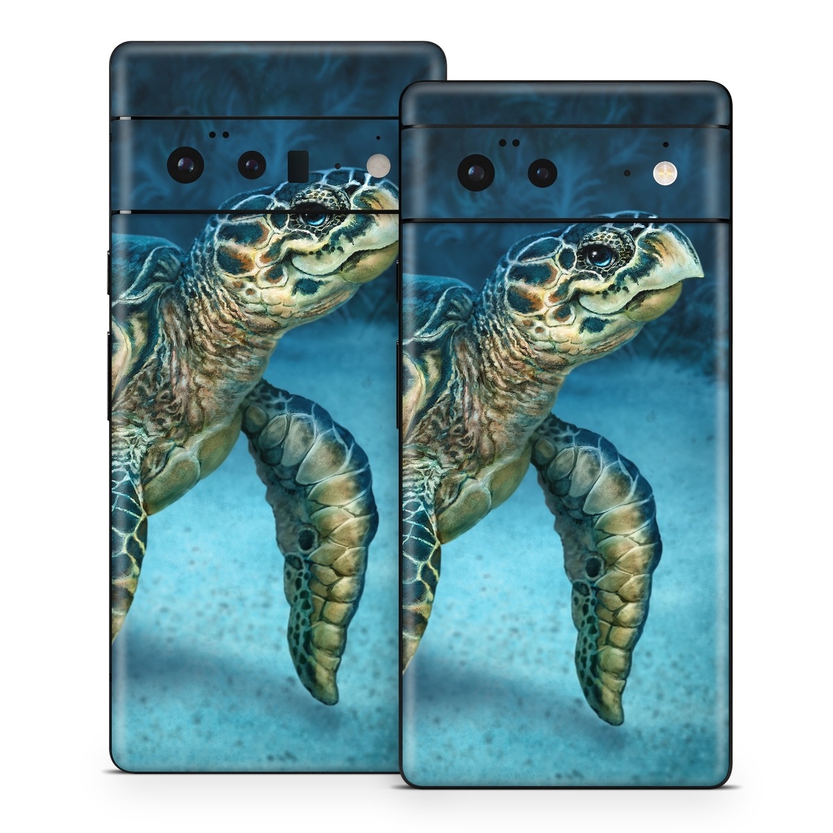 Google Pixel 6 Series Skin design of Water, Nature, Organism, Reptile, Turtle, Hawksbill sea turtle, Underwater, Wildlife, Sea turtle, Reef, with green, gray, blue, white colors
