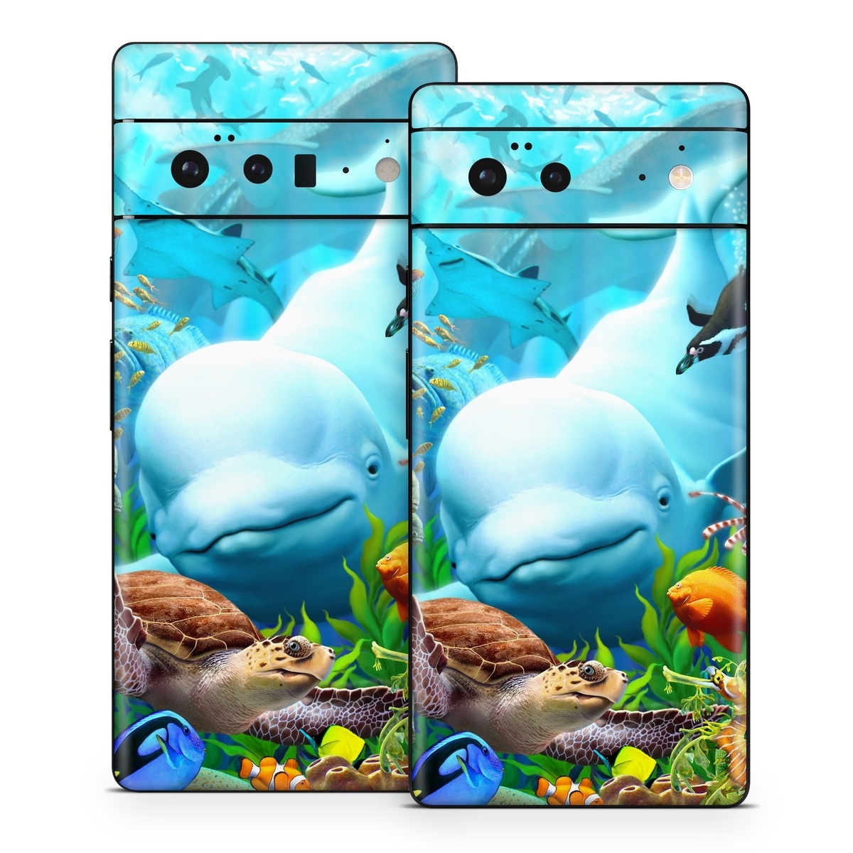 Google Pixel 6 Series Skin design of Green, Blue, Azure, Natural environment, Underwater, Organism, Mammal, Art, Marine biology, Aqua, with blue, green, red, white, brown, yellow, orange, blue colors