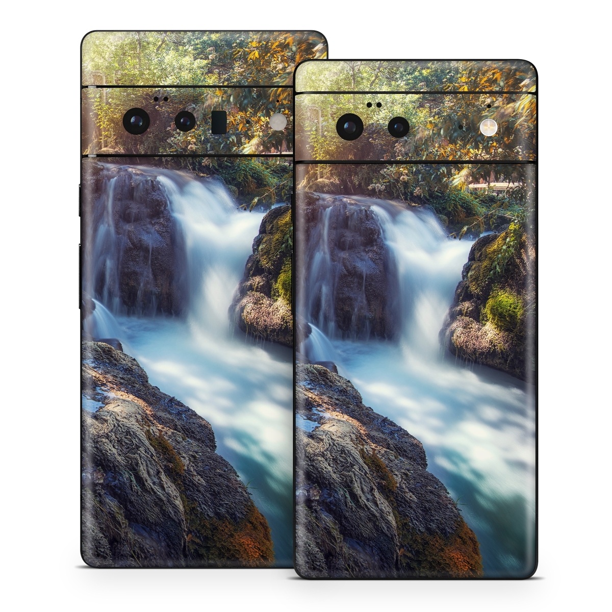 Google Pixel 6 Series Skin design of Waterfall, Natural landscape, Body of water, Nature, Water resources, Water, Watercourse, Stream, Nature reserve, Rock, with gray, yellow, orange, green, white, blue colors