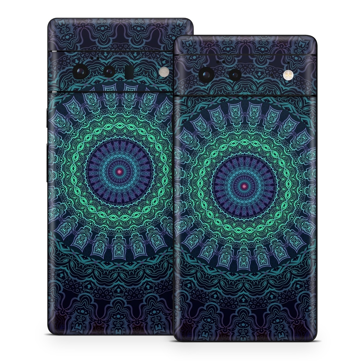 Google Pixel 6 Series Skin design of Colorfulness, Blue, Green, Pattern, Teal, Turquoise, Art, Electric Blue, Aqua, Circle, Majorelle Blue, Visual Arts, Fractal Art, Design, Symmetry, Psychedelic Art, Graphics, Kaleidoscope, Motif, with black, green, red colors