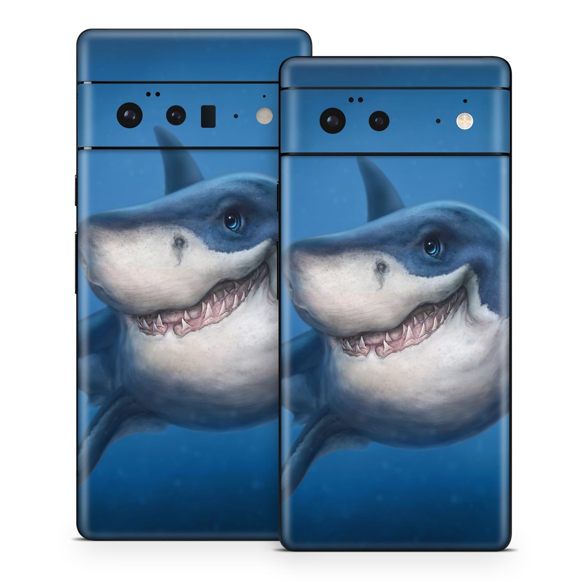 Google Pixel 6 Series Skin design of Fish, Great white shark, Shark, Tiger shark, Cartilaginous fish, Requiem shark, Lamniformes, Bull shark, Carcharhiniformes, with black, blue, gray colors