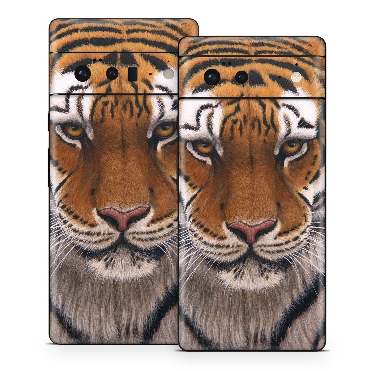 Google Pixel 6 Series Skin design of Tiger, Mammal, Wildlife, Terrestrial animal, Vertebrate, Bengal tiger, Whiskers, Siberian tiger, Felidae, Snout, with black, gray, red, green, pink colors