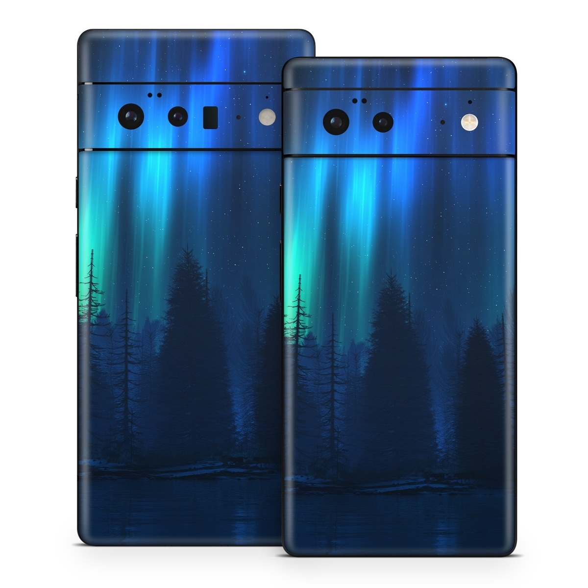 Google Pixel 6 Series Skin design of Blue, Light, Natural environment, Tree, Sky, Forest, Darkness, Aurora, Night, Electric blue, with black, blue colors