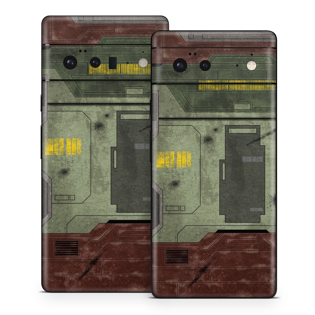 Google Pixel 6 Series Skin design of Rectangle, Screenshot, Font, Wood, Pattern, Symmetry, Machine, Gas, Parallel, Engineering, with red, green, yellow, black, gray, white colors