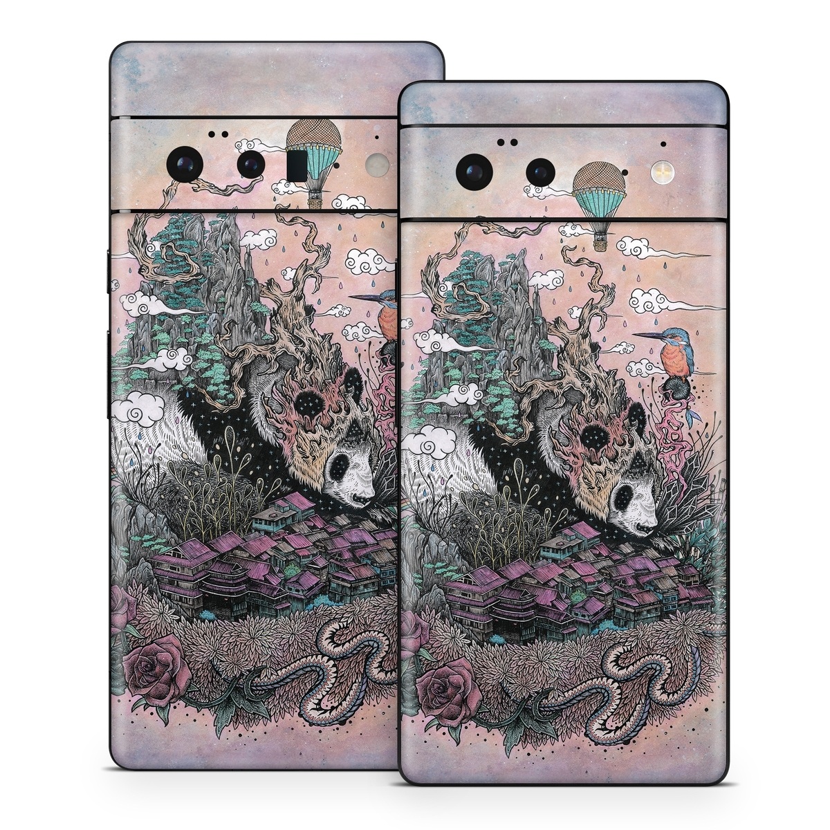 Google Pixel 6 Series Skin design of Illustration, Art, Fictional character, Printmaking, Marsupial, Graphic design, Rodent, Possum, with gray, black, red, blue, purple colors
