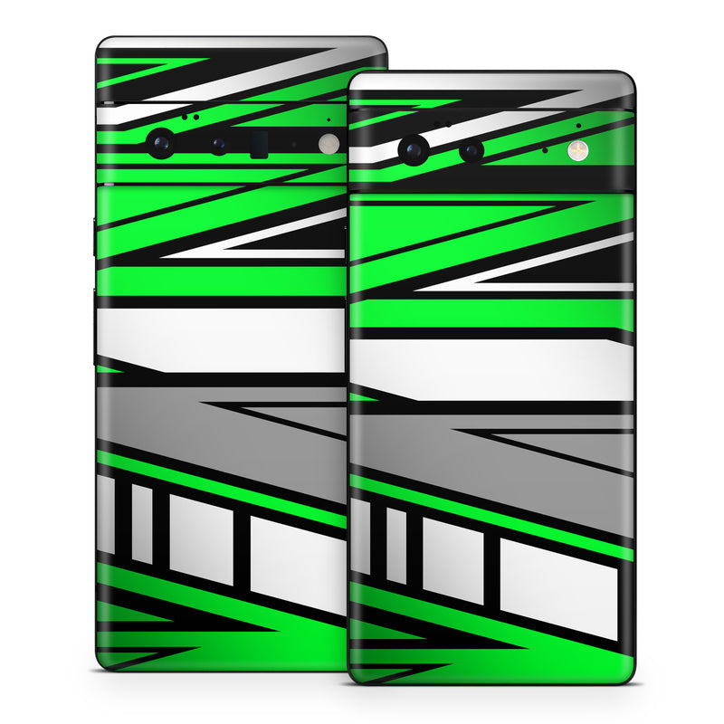 Google Pixel 6 Series Skin design of Colorfulness, Green, Rectangle, Slope, Font, Line, Material property, Parallel, Tints and shades, Graphics, with black, green, white, gray colors