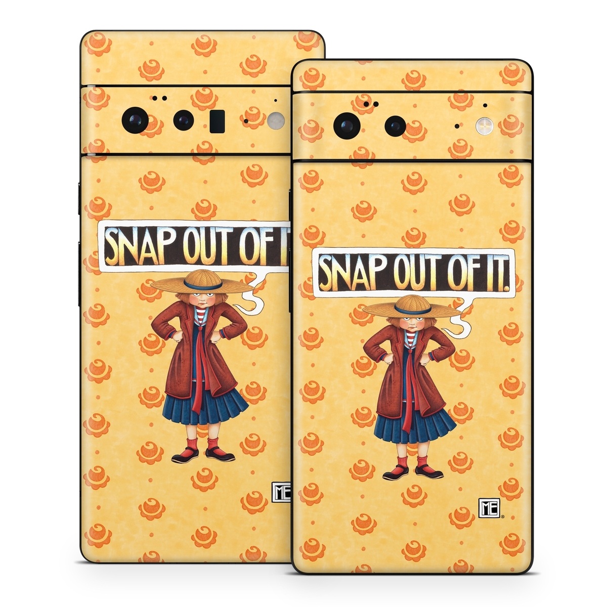 Google Pixel 6 Series Skin design of Cartoon, Illustration, Poster, Animated cartoon, Fiction, Anime, Art, Fictional character, Games, with pink, orange, black, red, gray, white colors