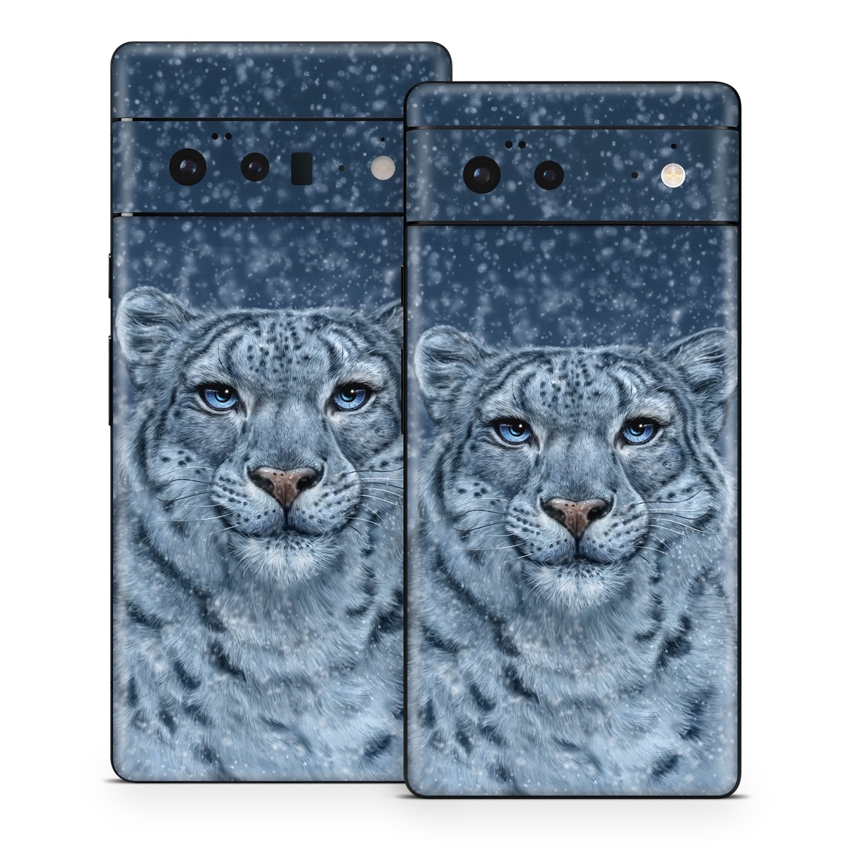 Google Pixel 6 Series Skin design of Snow, Carnivore, Felidae, Whiskers, Terrestrial animal, Snout, Big cats, Painting, Fur, Illustration, with white, black, blue, gray colors