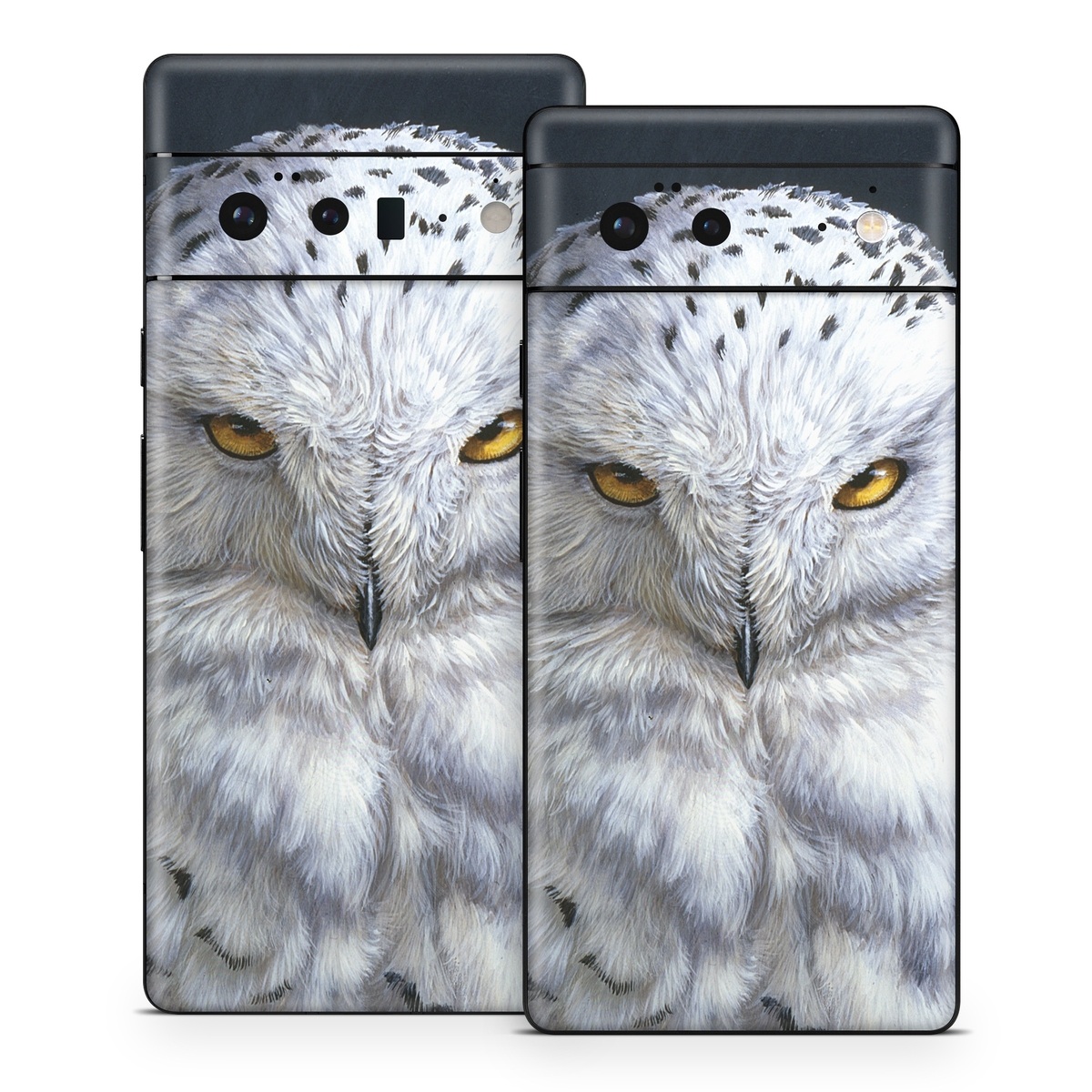 Google Pixel 6 Series Skin design of Owl, Bird, Bird of prey, Snowy owl, great grey owl, Close-up, Eye, Snout, Wildlife, Eastern Screech owl, with gray, white, black, blue, purple colors