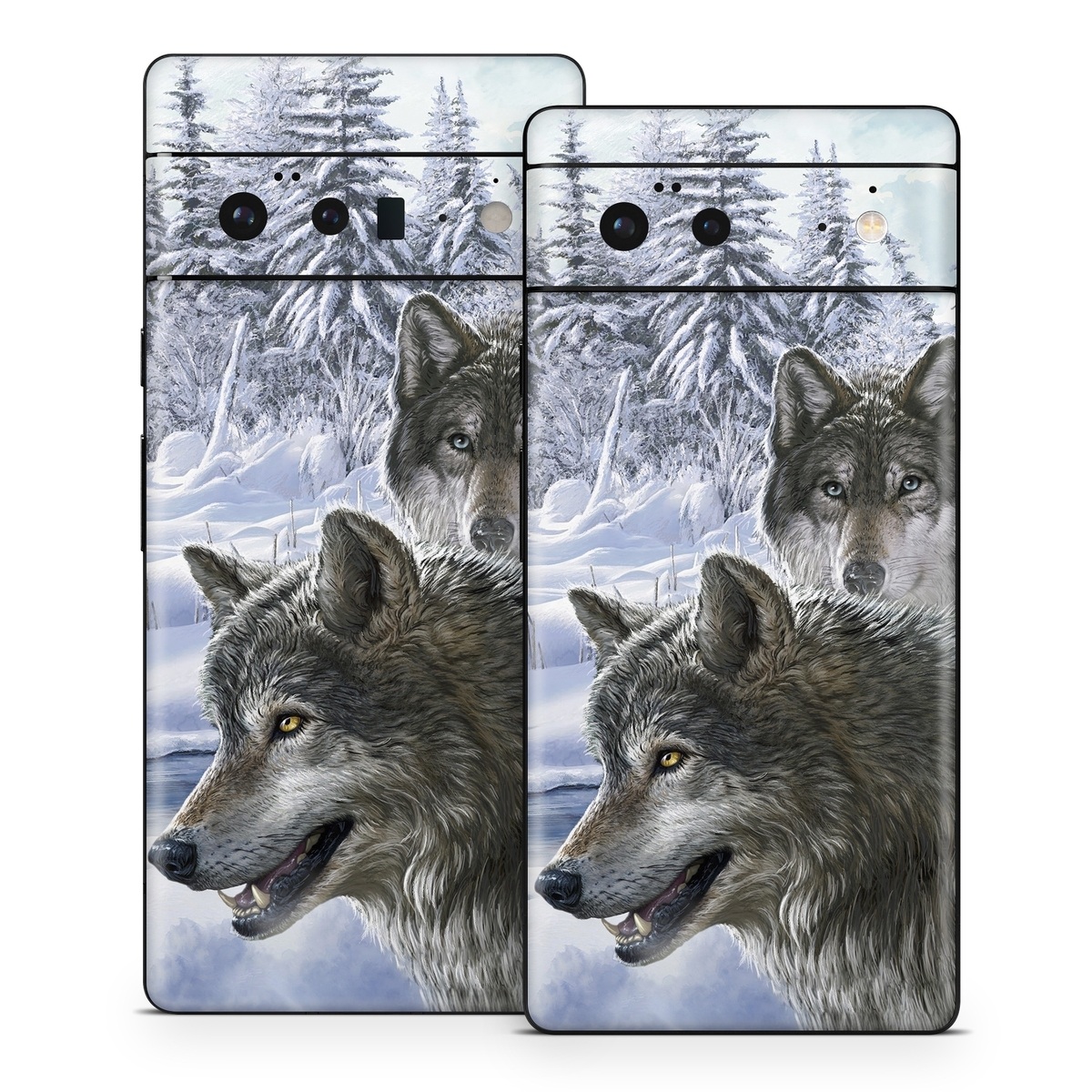 Google Pixel 6 Series Skin design of Mammal, Vertebrate, Wolf, Canidae, canis lupus tundrarum, Canis, Wildlife, Carnivore, Wolfdog, Dog, with gray, black, blue, purple colors