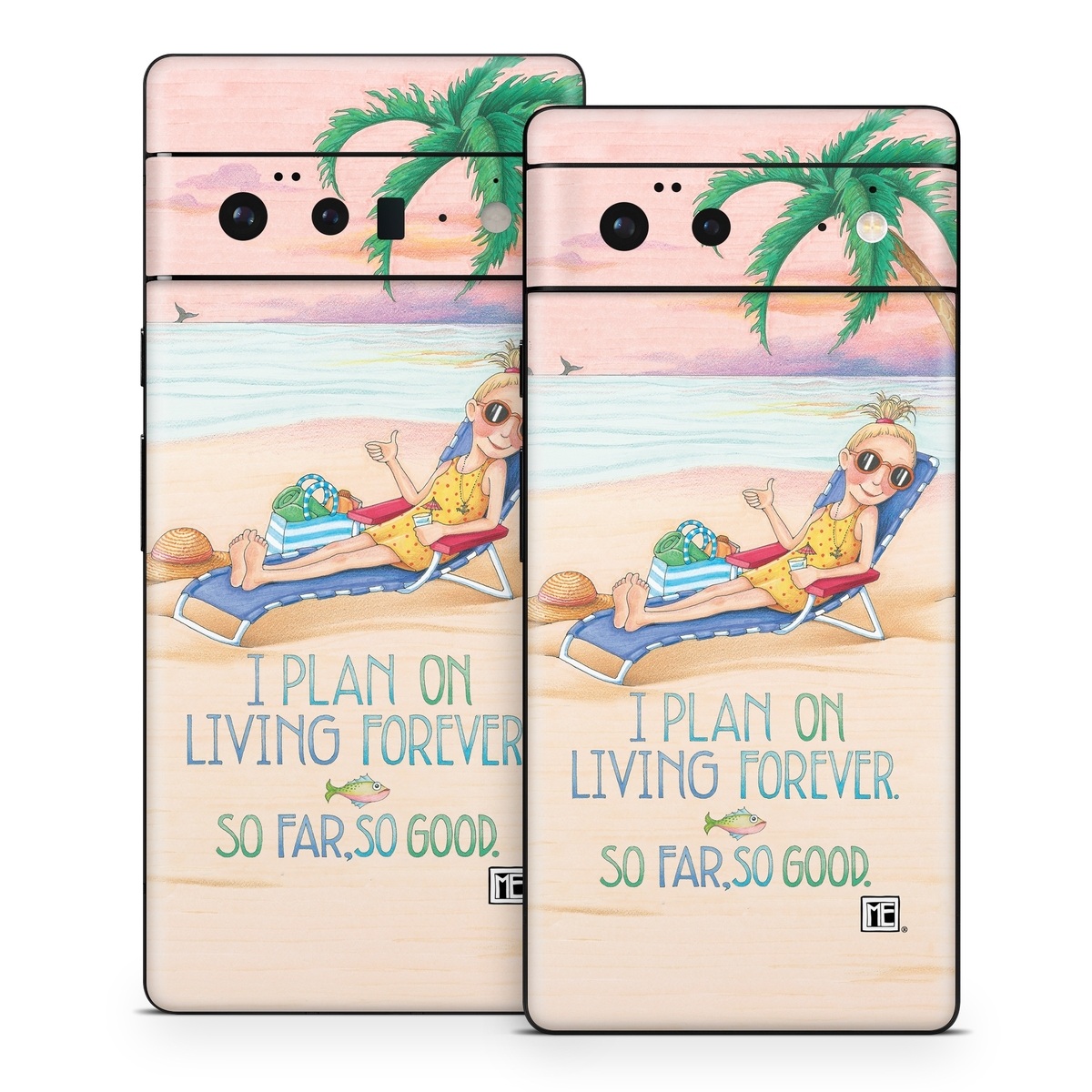 Google Pixel 6 Series Skin design of Vacation, Product, Summer, Aqua, Illustration, Sun tanning, Fictional character, Caribbean, Graphics, Happy, with pink, green, brown, yellow, blue, white, red colors