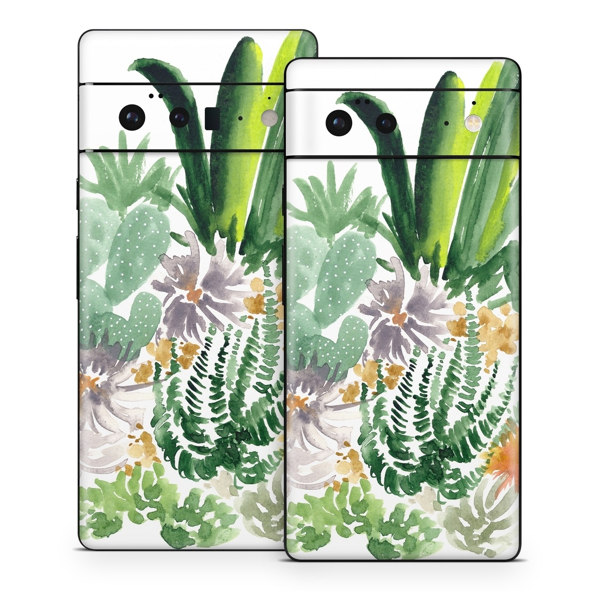 Google Pixel 6 Series Skin design of Cactus, Plant, Flower, Botany, Leaf, Illustration, Pine, Grass, Succulent plant, Branch, with white, green, red, orange colors