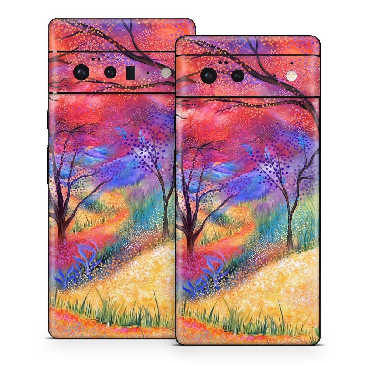 Google Pixel 6 Series Skin design of Plant, Art paint, Paint, Botany, Natural environment, Natural landscape, Leaf, Branch, People in nature, Tree, with red, blue, yellow, green, purple, orange, black, white colors