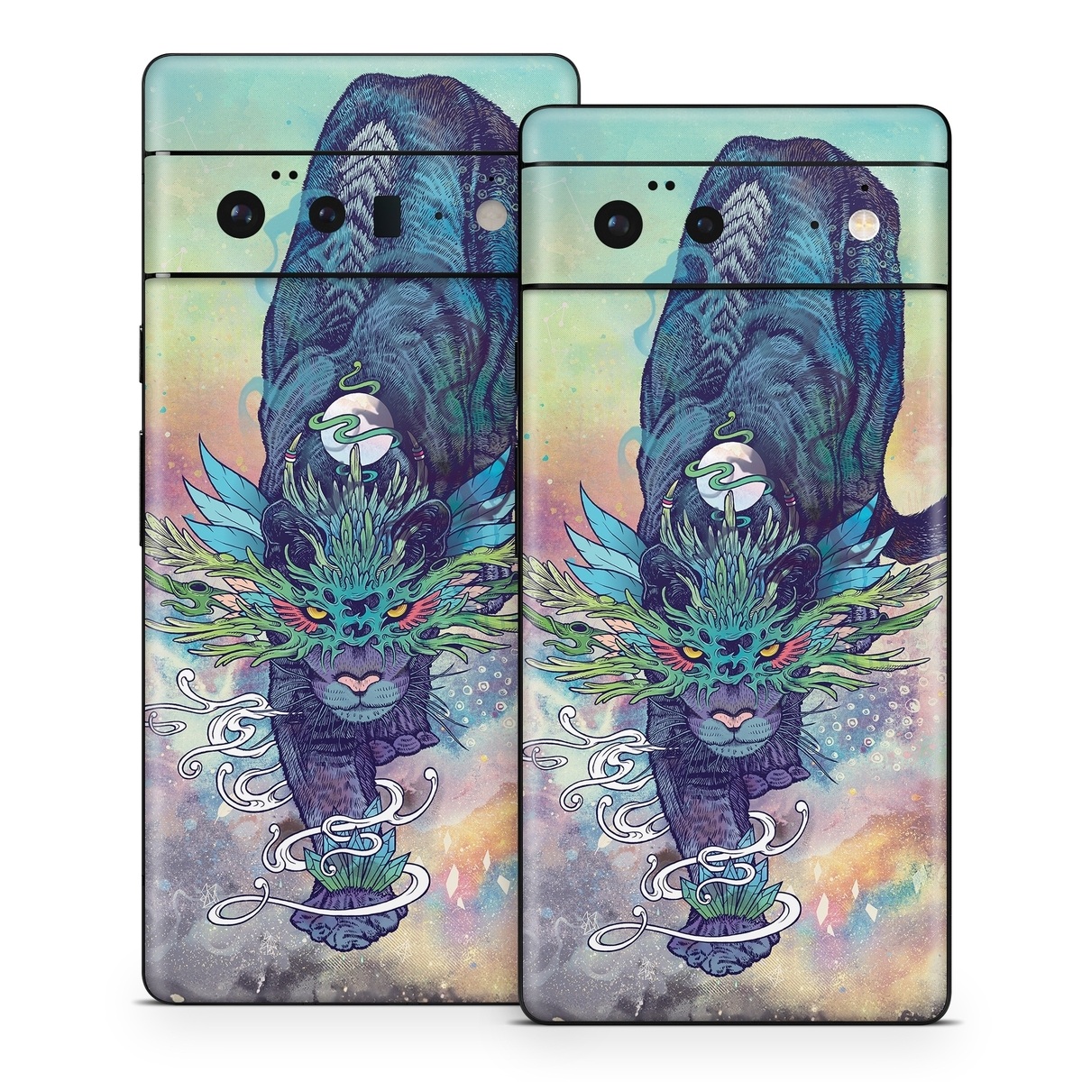 Google Pixel 6 Series Skin design of Illustration, Fictional character, Graphic design, Demon, Art, Fiction, Cg artwork, Supernatural creature, with blue, green, black, white, yellow, orange, pink, purple colors