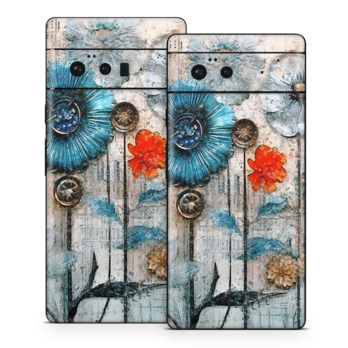 Google Pixel 6 Series Skin design of Plant, Blue, Petal, Textile, Paint, Flower, Art, Creative arts, Pattern, Rectangle, with white, brown, black, yellow, blue, red, gray colors