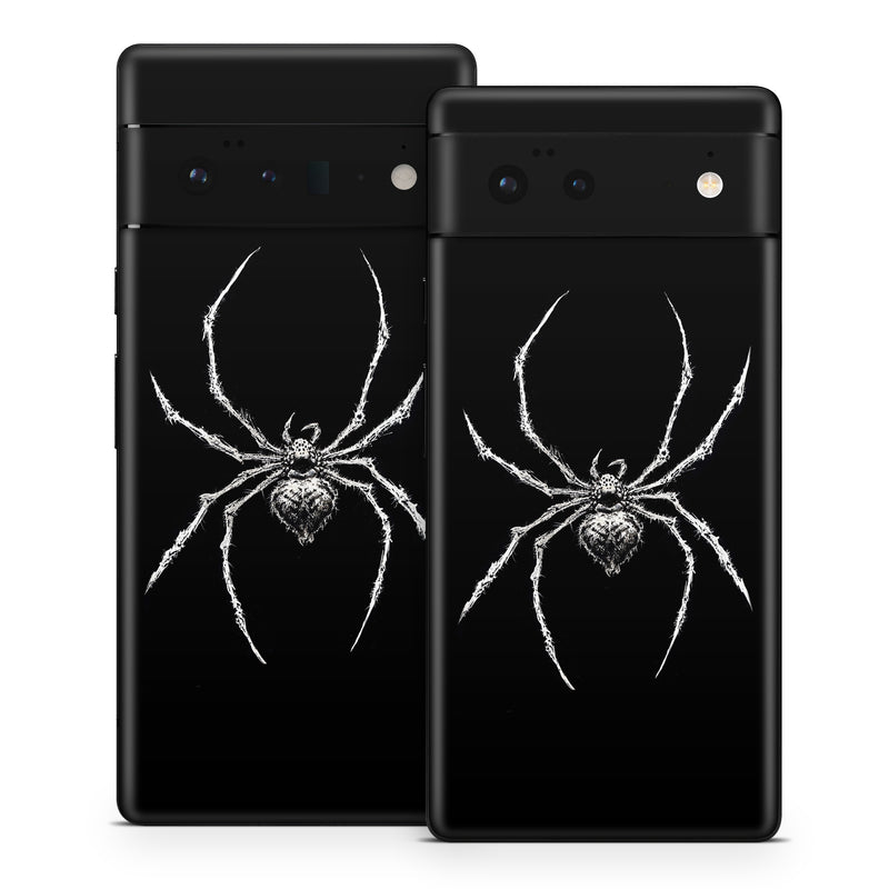 Google Pixel 6 Series Skin design of Arthropod, Spider, Insect, Spider web, Terrestrial animal, Arachnid, Invertebrate, Tangle-web spider, Symmetry, Terrestrial plant, with black, white, gray colors