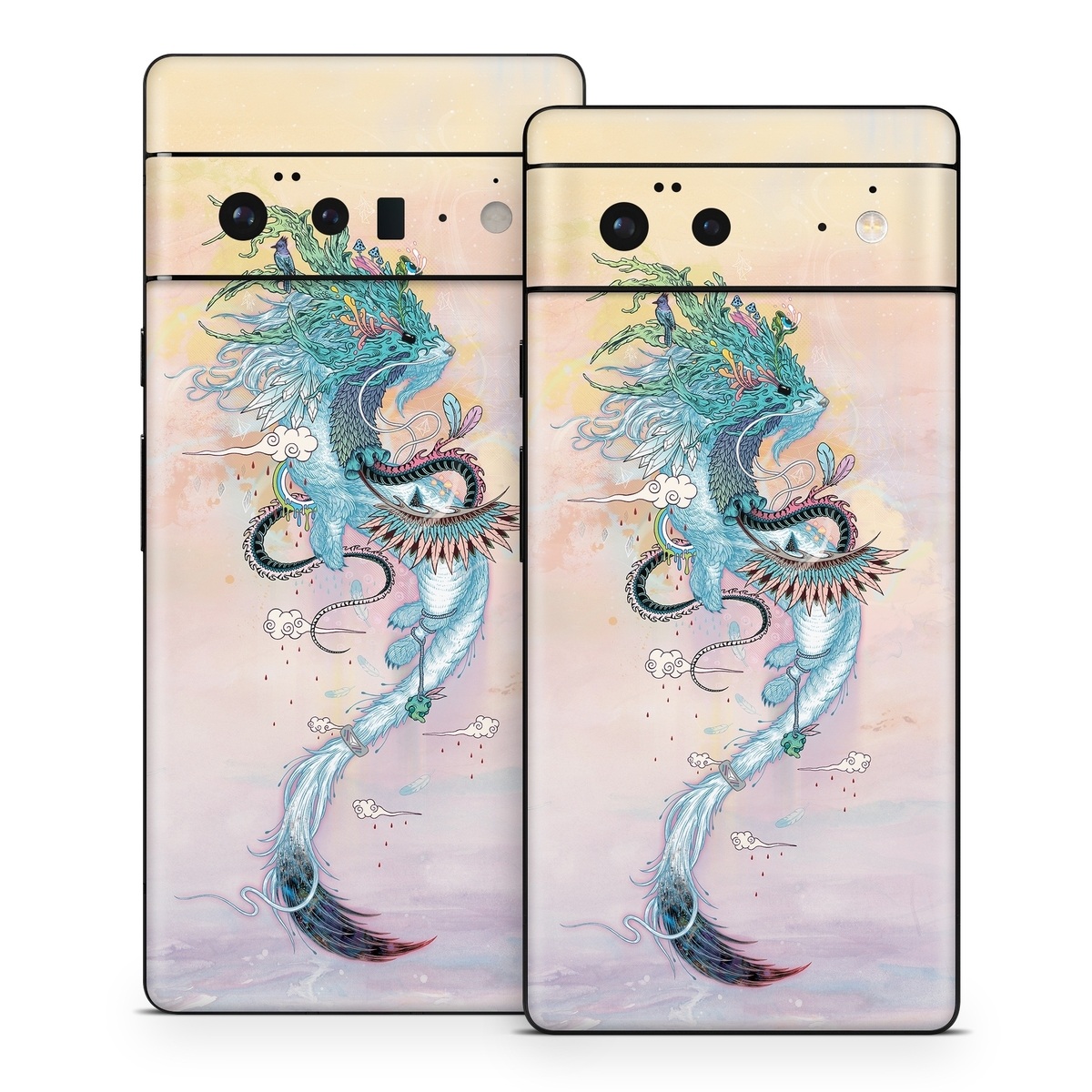 Google Pixel 6 Series Skin design of Illustration, Water, Watercolor paint, Art, Fictional character, Graphic design, Mythology, Visual arts, Painting, Drawing, with yellow, pink, blue, green colors