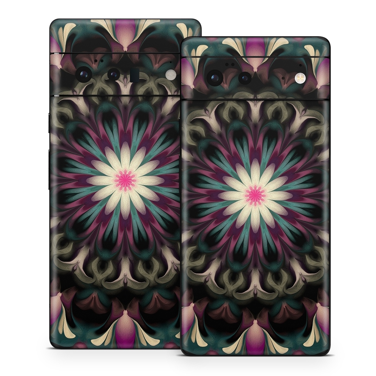 Google Pixel 6 Series Skin design of Fractal art, Pattern, Pink, Psychedelic art, Art, Kaleidoscope, Design, Symmetry, Visual arts, Textile, with black, purple, white, green, blue colors