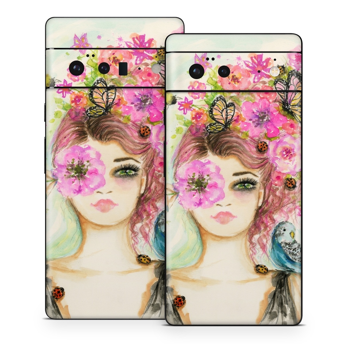 Google Pixel 6 Series Skin design of Face, Watercolor paint, Illustration, Pink, Head, Fashion illustration, Beauty, Art, Cheek, Painting, with white, pink, green, blue, yellow, red, brown colors
