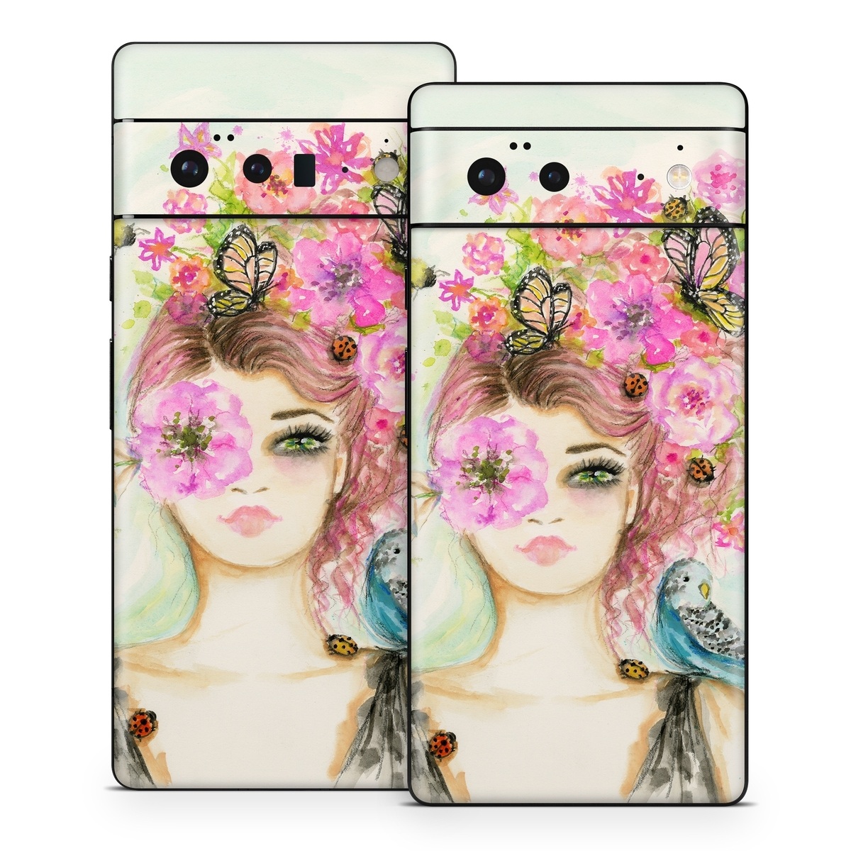 Google Pixel 6 Series Skin design of Pink, Illustration, Fashion illustration, Watercolor paint, Fictional character, Dress, Hair accessory, Wildflower, Costume, Plant, with blue, pink, yellow, orange, purple, brown, green colors