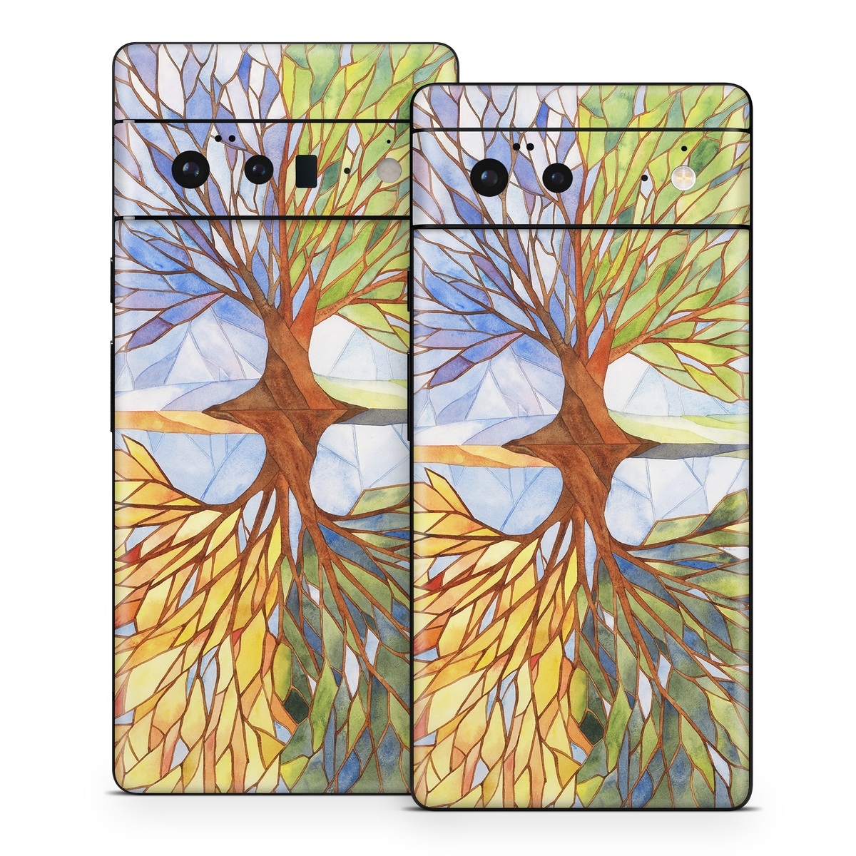 Google Pixel 6 Series Skin design of Leaf, Tree, Botany, Plant, Symmetry, Art, Pattern, Painting, Plant stem, Plane, with blue, brown, orange, yellow, red, purple colors