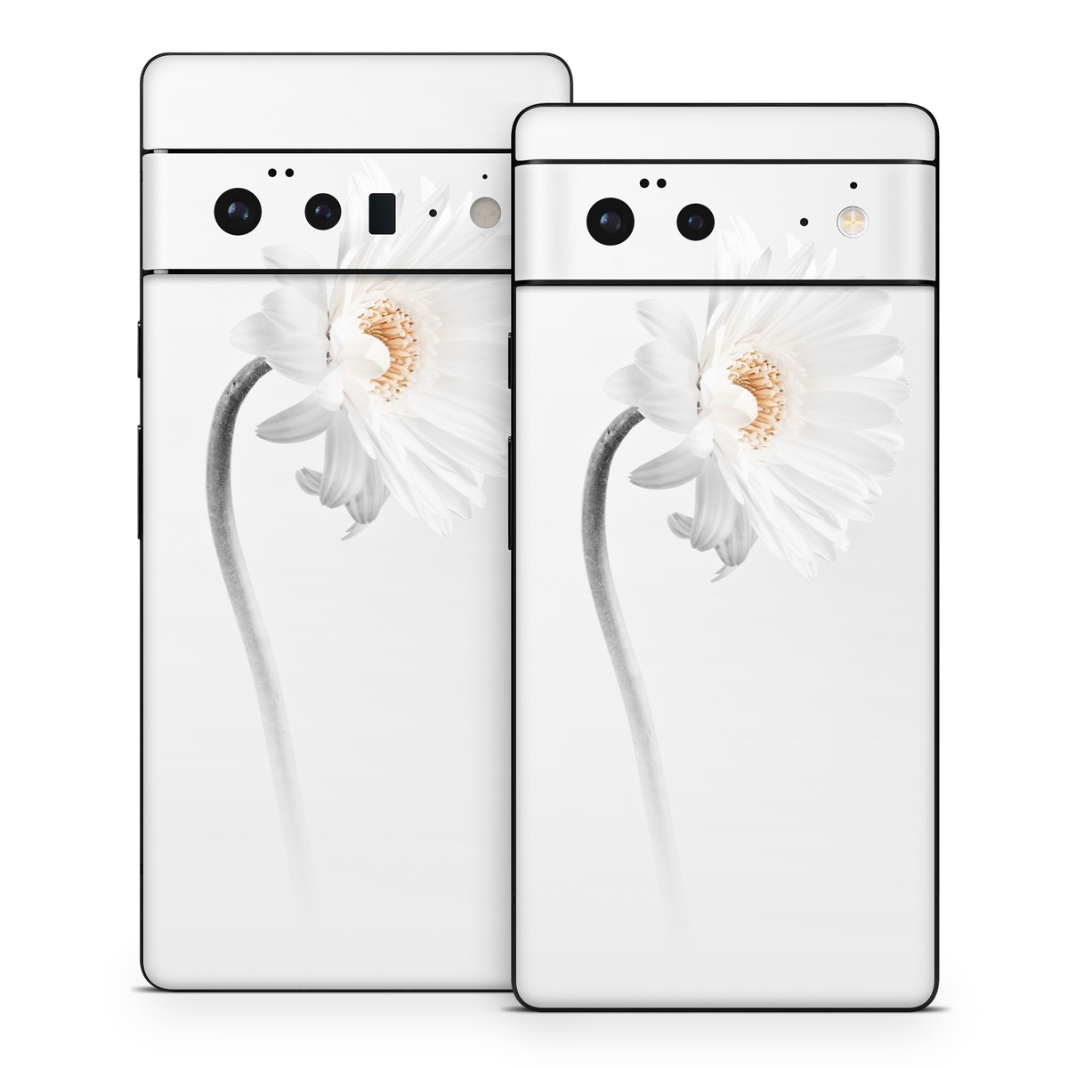 Google Pixel 6 Series Skin design of White, Hair accessory, Headpiece, Gerbera, Petal, Flower, Plant, Still life photography, Headband, Fashion accessory, with white, gray colors