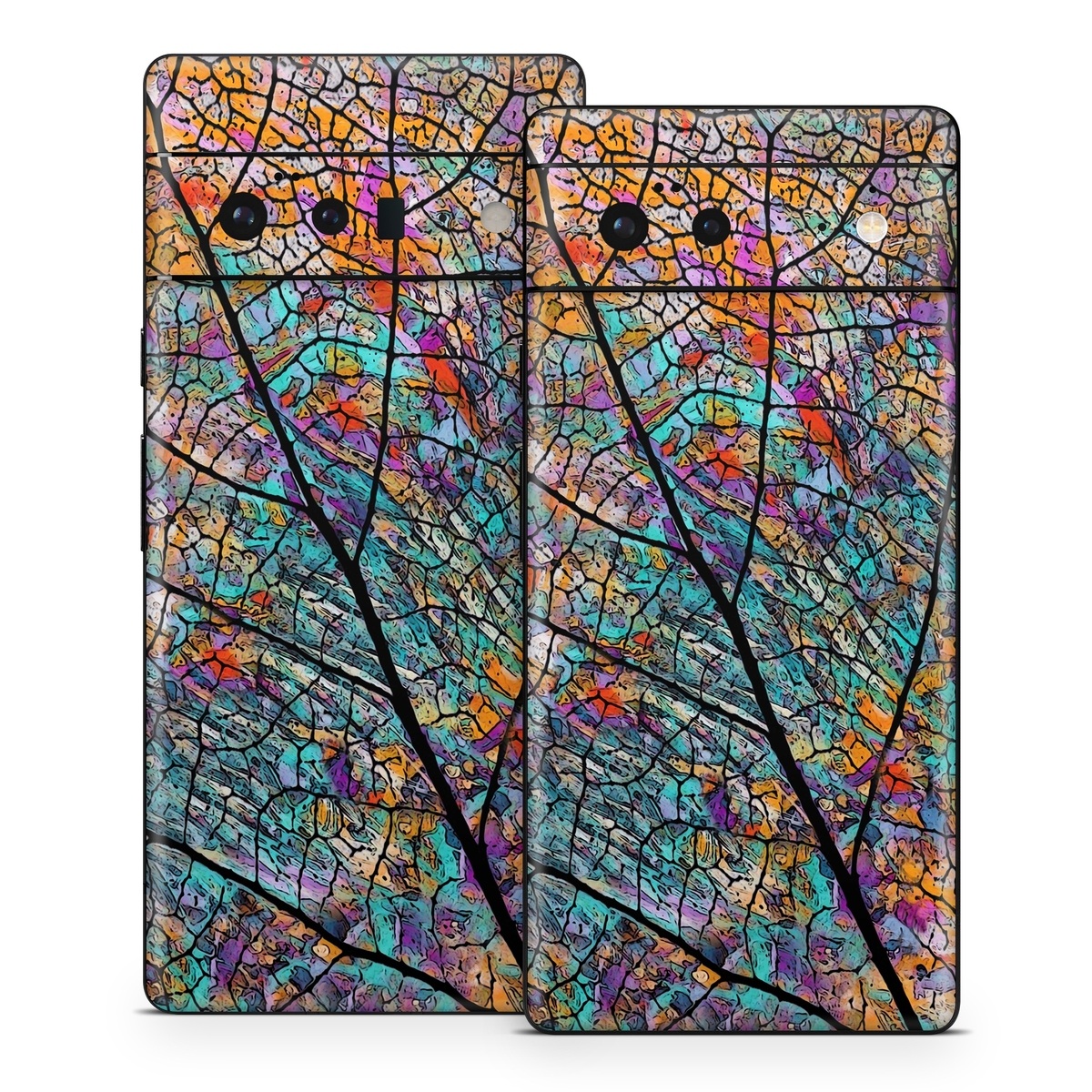 Google Pixel 6 Series Skin design of Pattern, Colorfulness, Line, Branch, Tree, Leaf, Design, Visual arts, Glass, Plant, with black, gray, red, blue, green colors
