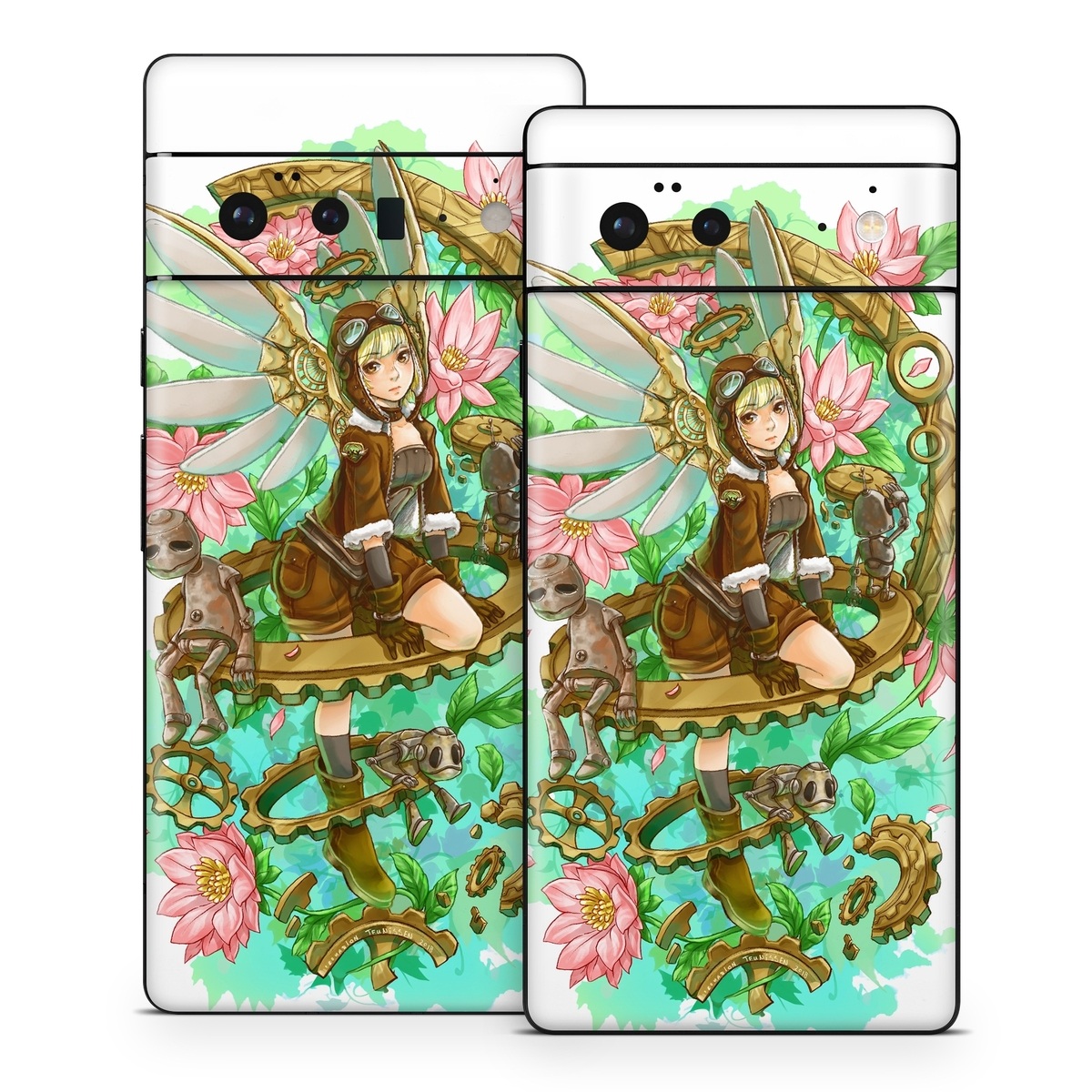 Google Pixel 6 Series Skin design of Illustration, Fictional character, Clip art, Art, Graphics, Plant, with white, yellow, pink, green, brown, black colors