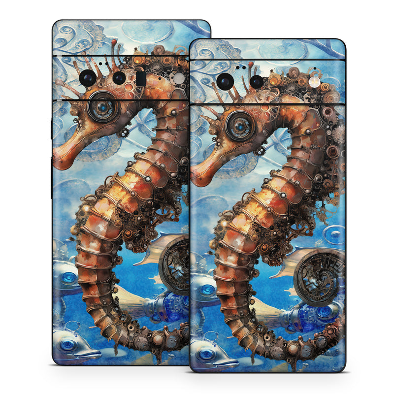 Google Pixel 6 Series Skin design of Pipefishes and allies, Northern seahorse, Fish, Marine biology, Marine invertebrates, Watercolor painting, Art Paint, Ray-finned fishes, Paint, Modern art, with blue, orange, yellow, gray, white, black, red colors