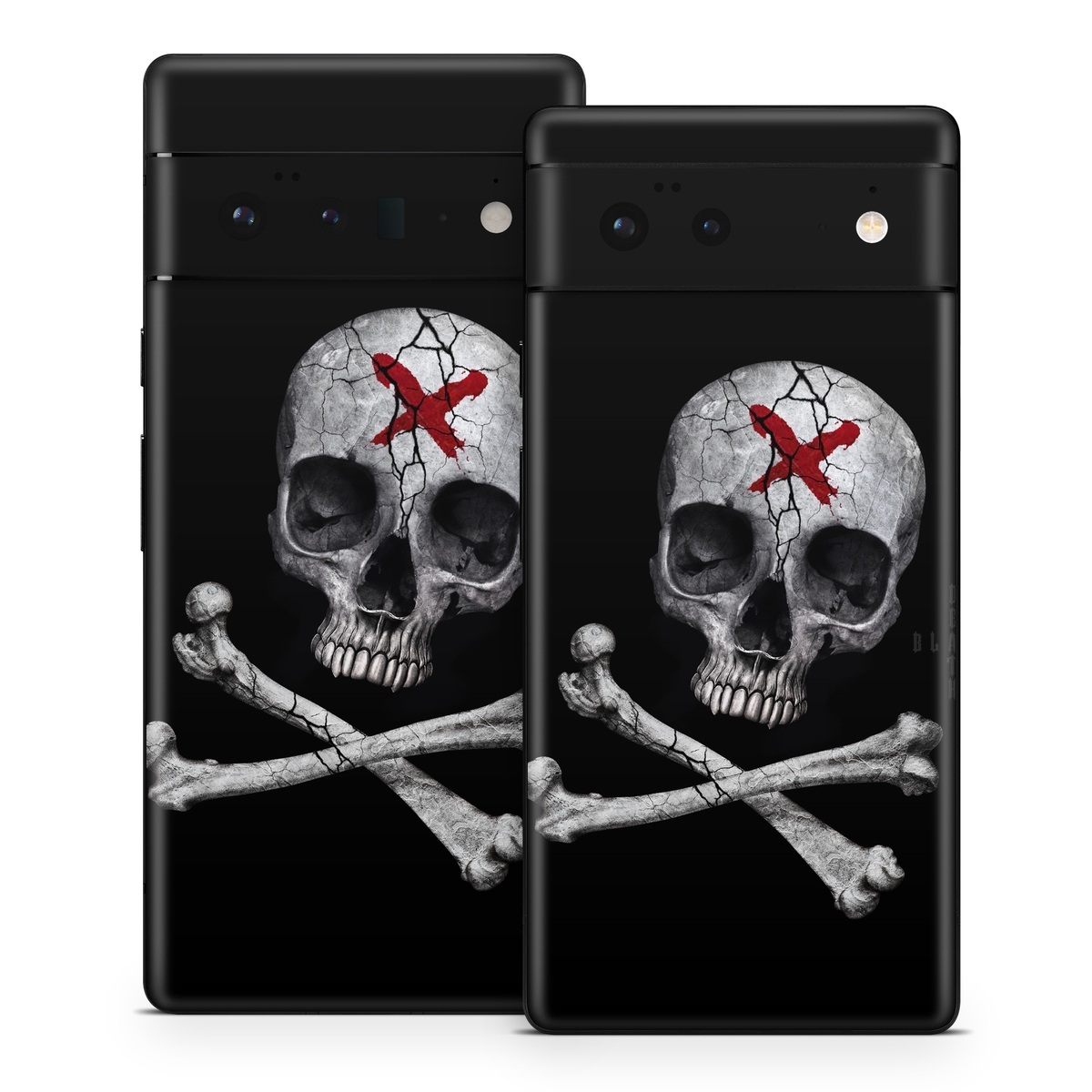 Google Pixel 6 Series Skin design of Bone, Skull, Skeleton, Jaw, Illustration, Animation, Fictional character, Still life photography, with black, white, gray colors