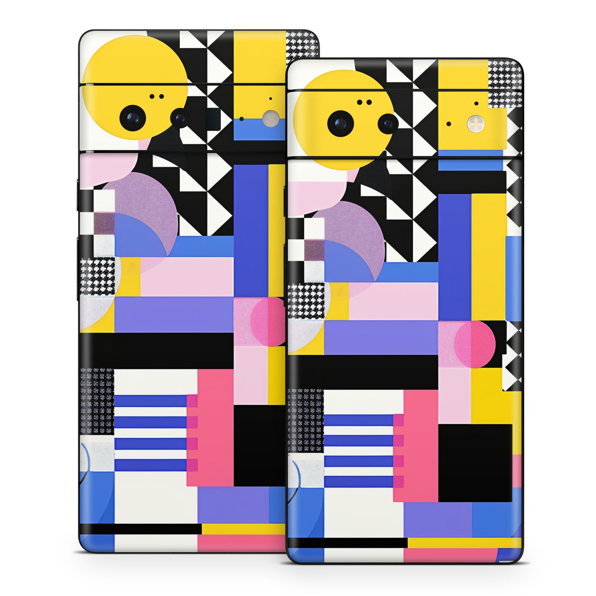 Google Pixel 6 Series Skin design of White, Black, Rectangle, Font, Art, Red, Pattern, Tints and shades, Circle, Electric blue, with blue, white, black, yellow, pink, purple colors