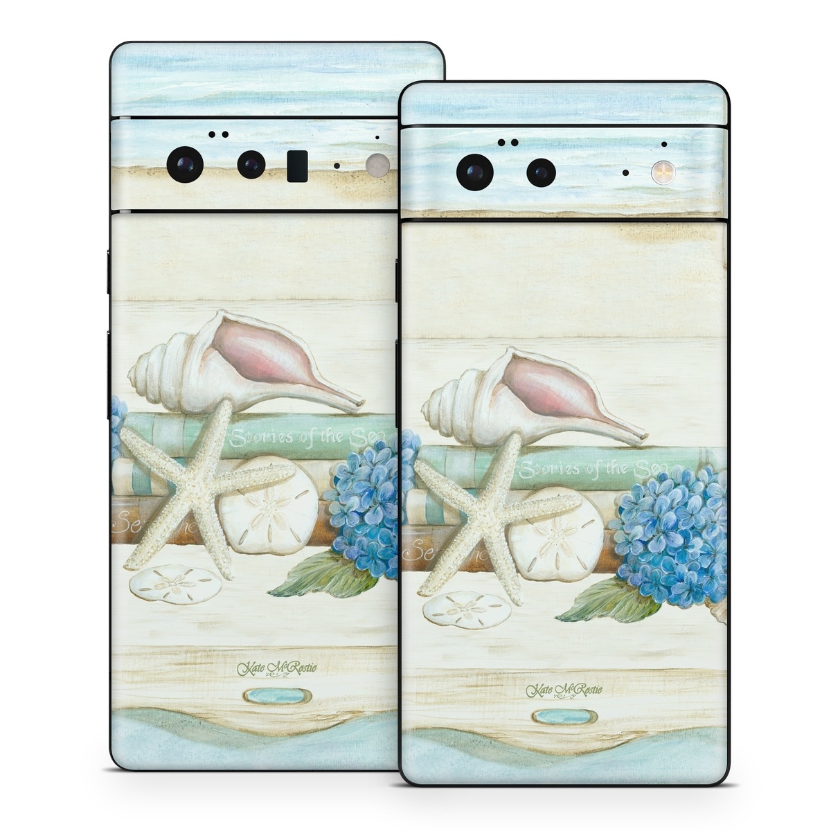 Google Pixel 6 Series Skin design of Starfish, Shell, Hydrangea, Plant, Flower, Still life, Echinoderm, Cornales, with gray, green, blue, yellow colors