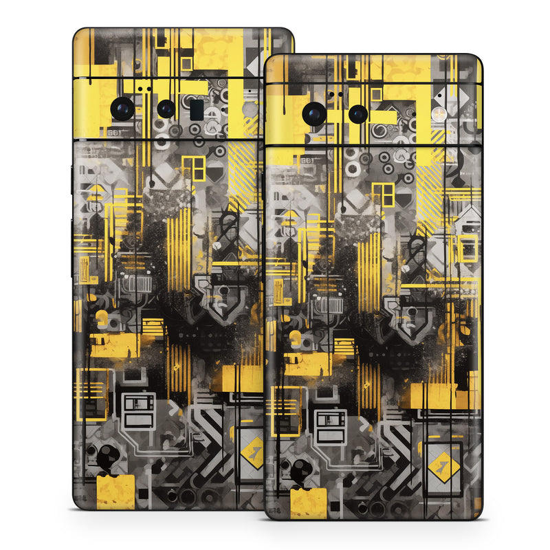 Google Pixel 6 Series Skin design of Rectangle, Yellow, Font, Art, City, Engineering, Tints and shades, Pattern, Symmetry, Space, with black, white, gray, yellow colors