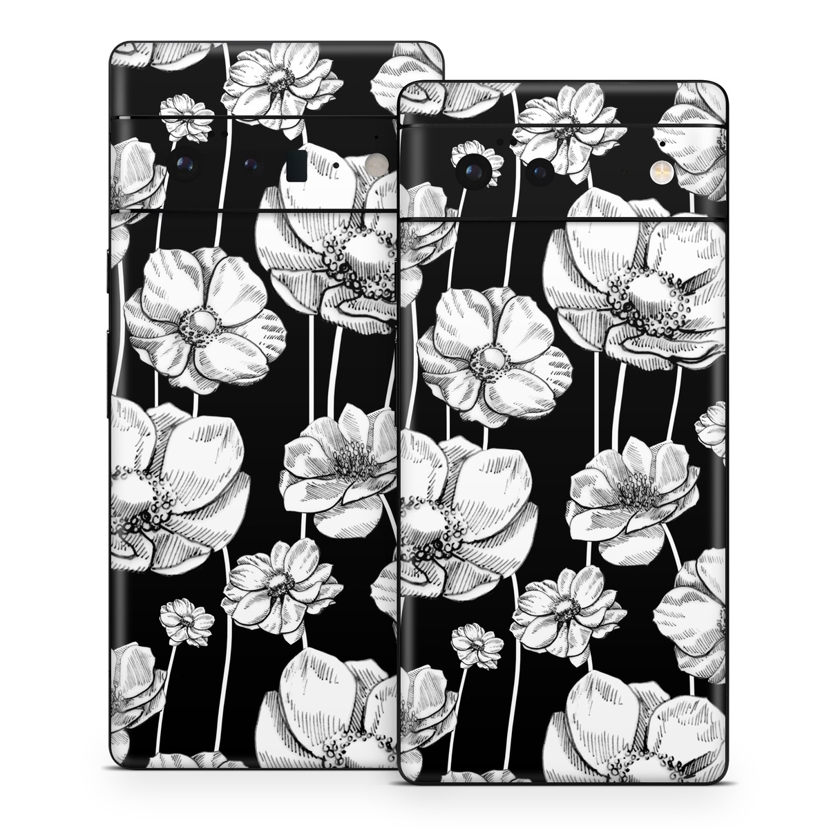 Google Pixel 6 Series Skin design of Flower, Black-and-white, Plant, Botany, Petal, Design, Wildflower, Monochrome photography, Pattern, Monochrome, with black, gray, white colors