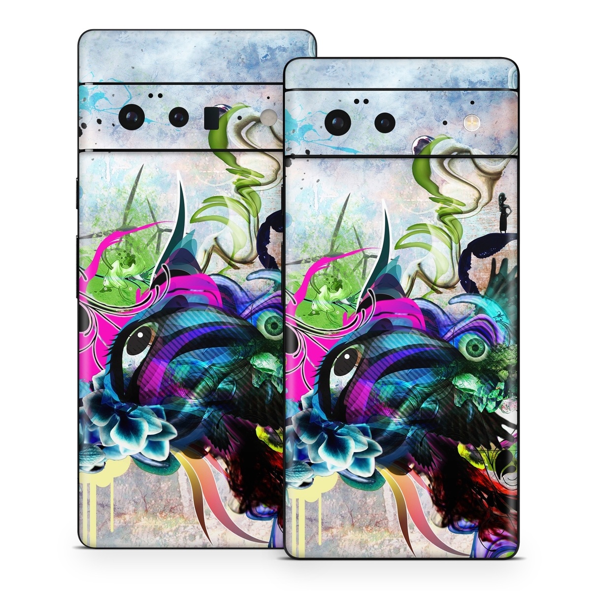 Google Pixel 6 Series Skin design of Graphic design, Psychedelic art, Art, Illustration, Purple, Visual arts, Graffiti, Street art, Design, Painting, with gray, black, blue, green, purple colors