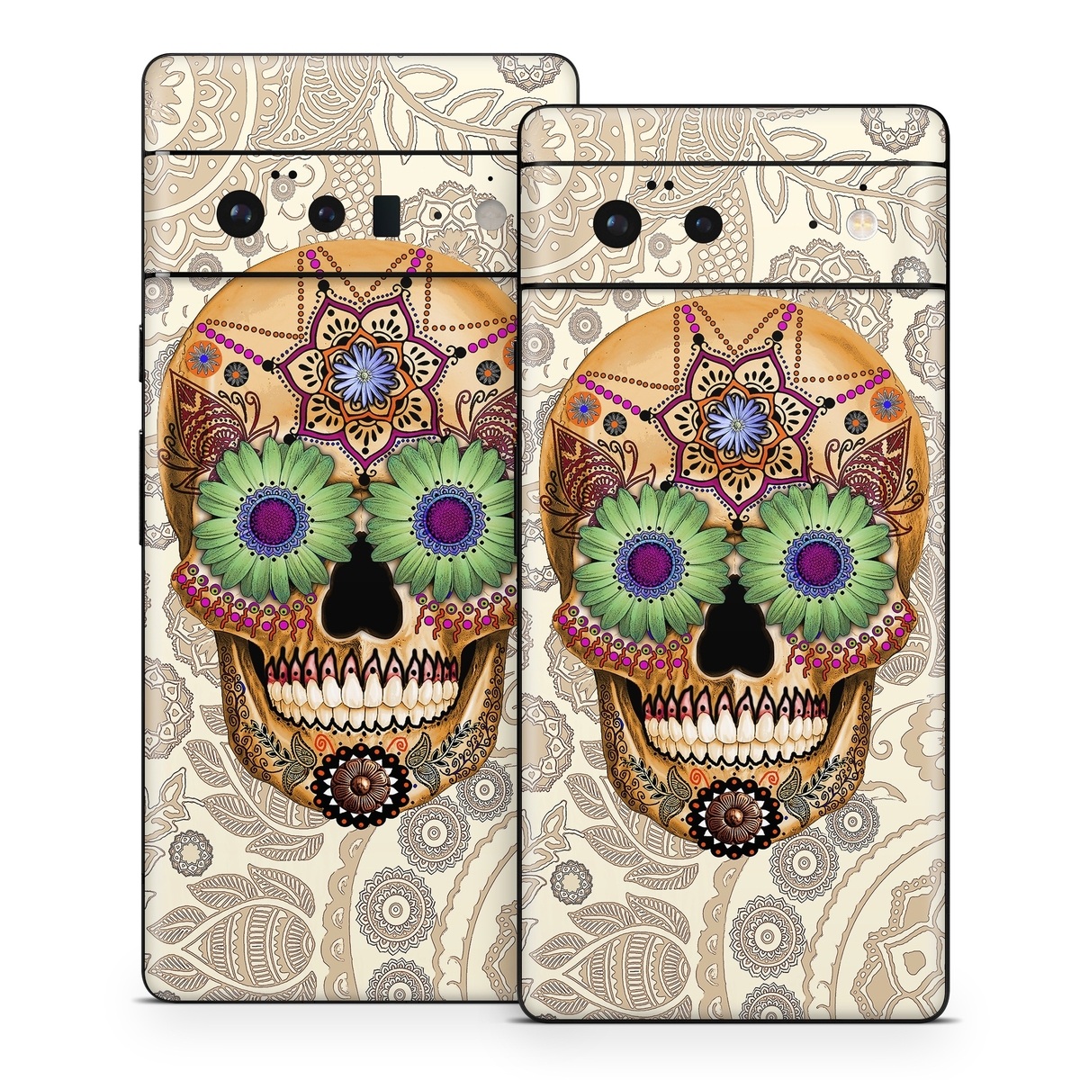 Google Pixel 6 Series Skin design of Skull, Bone, Pattern, Design, Illustration, Visual arts, Fashion accessory, Art, with gray, yellow, green, black, red, pink colors