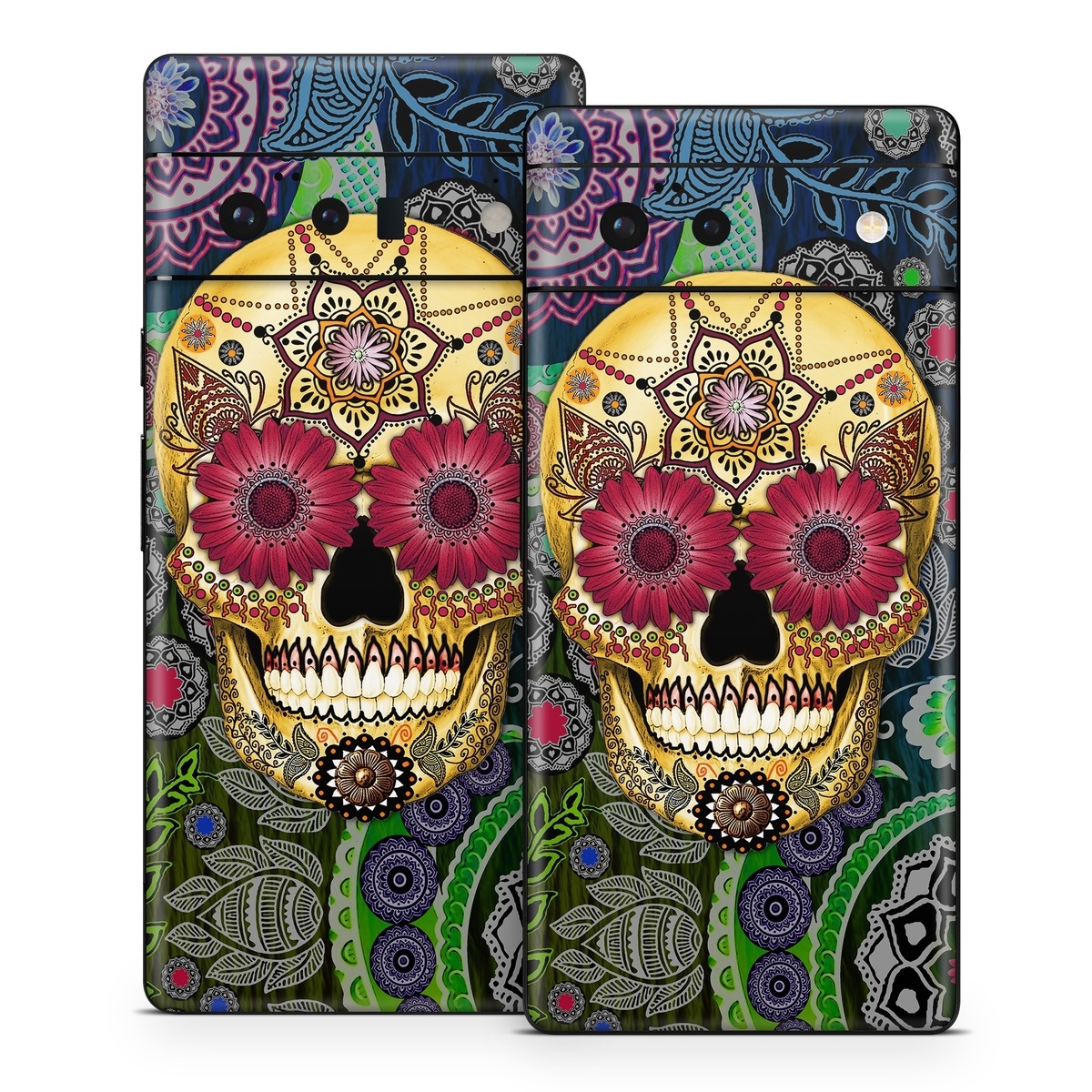 Google Pixel 6 Series Skin design of Skull, Bone, Pattern, Psychedelic art, Visual arts, Design, Illustration, Art, Textile, Plant, with black, red, gray, green, blue colors