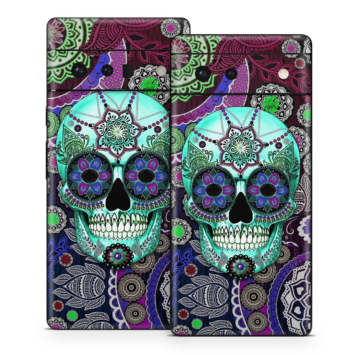 Google Pixel 6 Series Skin design of Psychedelic art, Pattern, Skull, Purple, Bone, Violet, Design, Visual arts, Art, Magenta, with blue, green, purple, red, green, pink colors