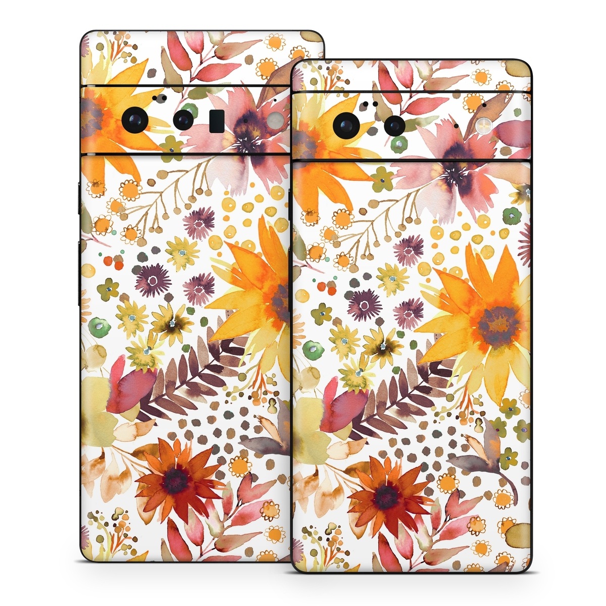 Google Pixel 6 Series Skin design of Flower, Plant, Petal, Botany, Textile, Orange, Line, Groundcover, Creative arts, Flowering plant, with white, yellow, pink, green, brown, orange colors