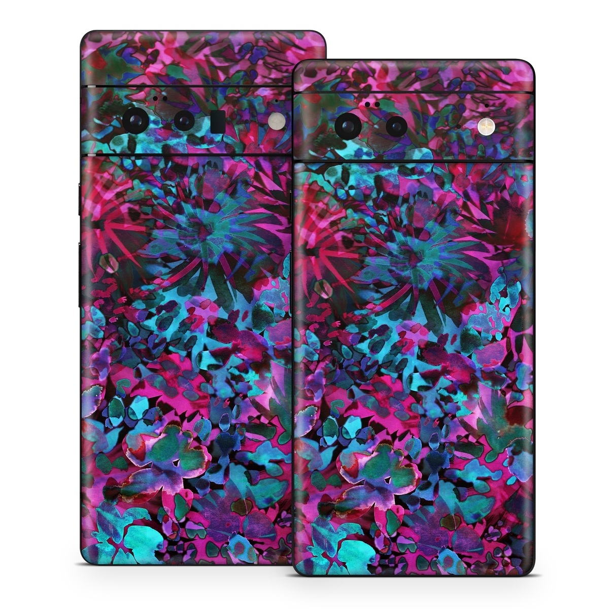 Google Pixel 6 Series Skin design of Pink, Purple, Violet, Lilac, Flower, Leaf, Plant, Magenta, Botany, Pattern, with black, pink, purple, blue, green colors