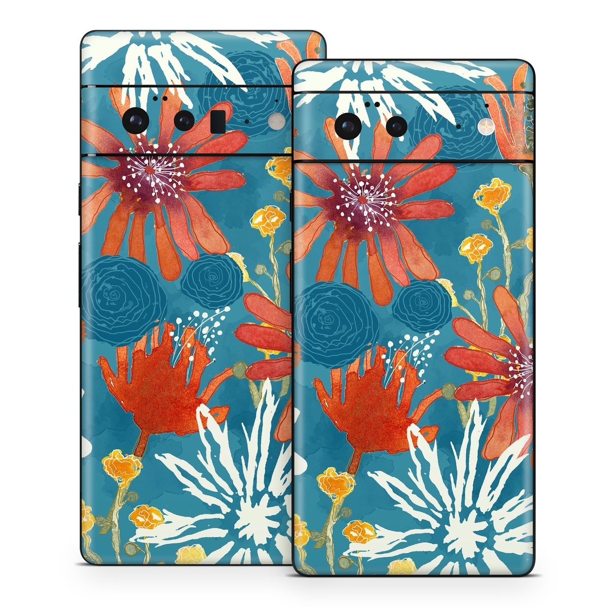 Google Pixel 6 Series Skin design of Pattern, Visual arts, Wrapping paper, Design, Wildflower, Floral design, Textile, Flower, Plant, Motif, with blue, red, gray, yellow, green colors
