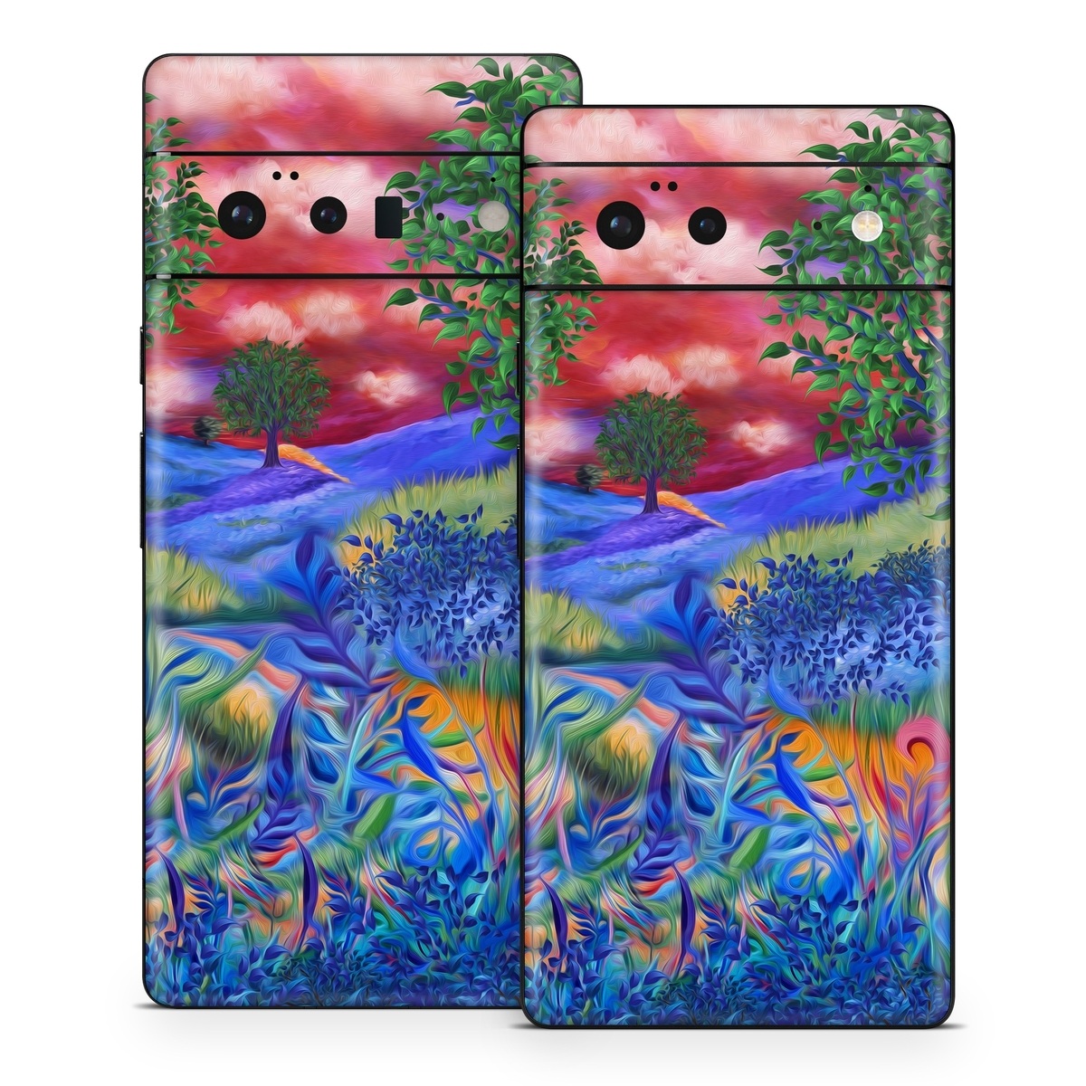 Google Pixel 6 Series Skin design of Art paint, Plant, Plant community, Paint, Natural landscape, People in nature, Vegetation, Grass, Art, Painting, with blue, red, green, orange, yellow, pink, white colors