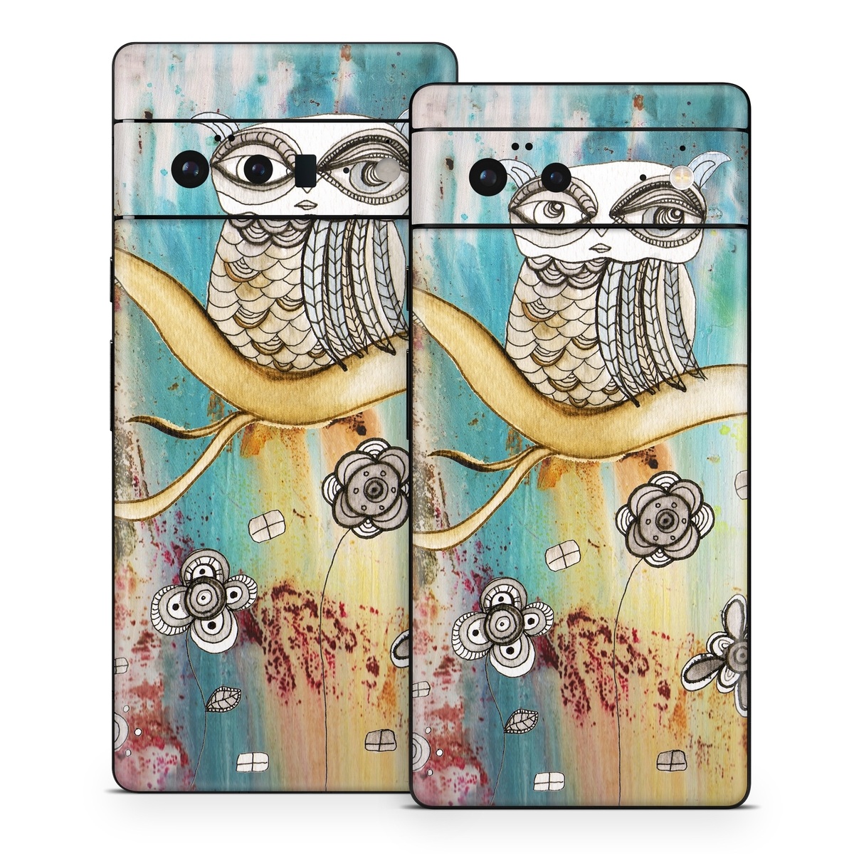 Google Pixel 6 Series Skin design of Owl, Pink, Illustration, Art, Visual arts, Watercolor paint, Organism, Modern art, Graphic design, Pattern, with gray, red, green, black, blue, purple colors